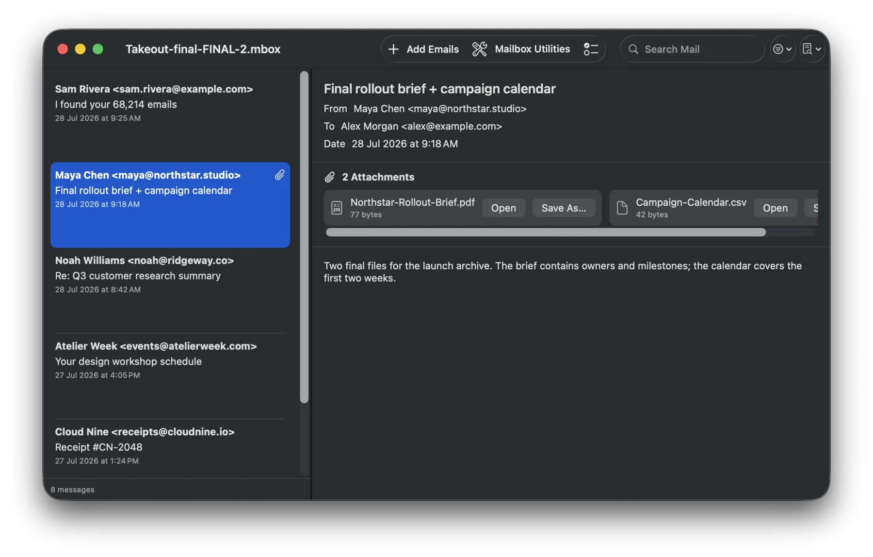 MBox Office displaying the attachment bar for an archived email message