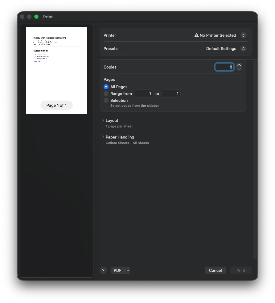 macOS print panel previewing an email from MBox Office with printer and PDF controls