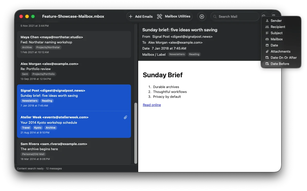 MBox Office search filter menu listing sender, recipient, subject, mailbox, date, attachments, and date range filters