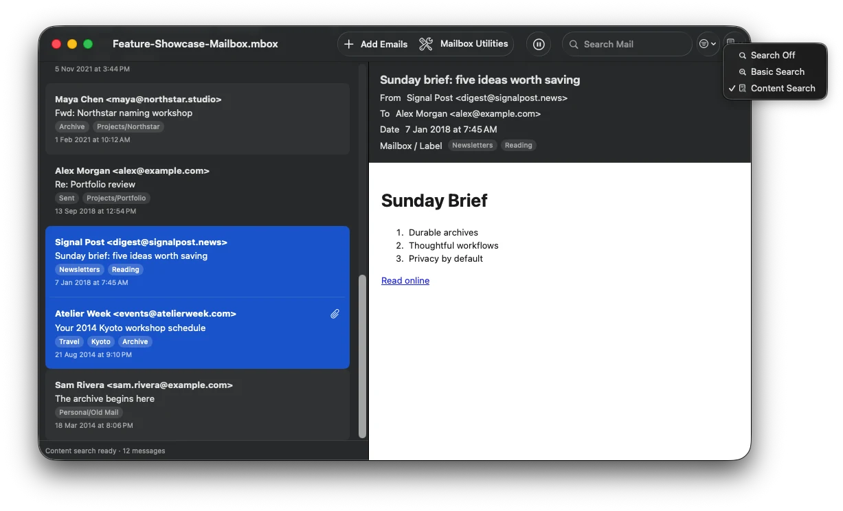 MBox Office Search Level menu with Search Off, Basic Search, and Content Search options