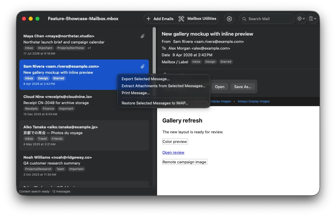 MBox Office context menu offering export, attachment extraction, printing, and IMAP restore for selected messages