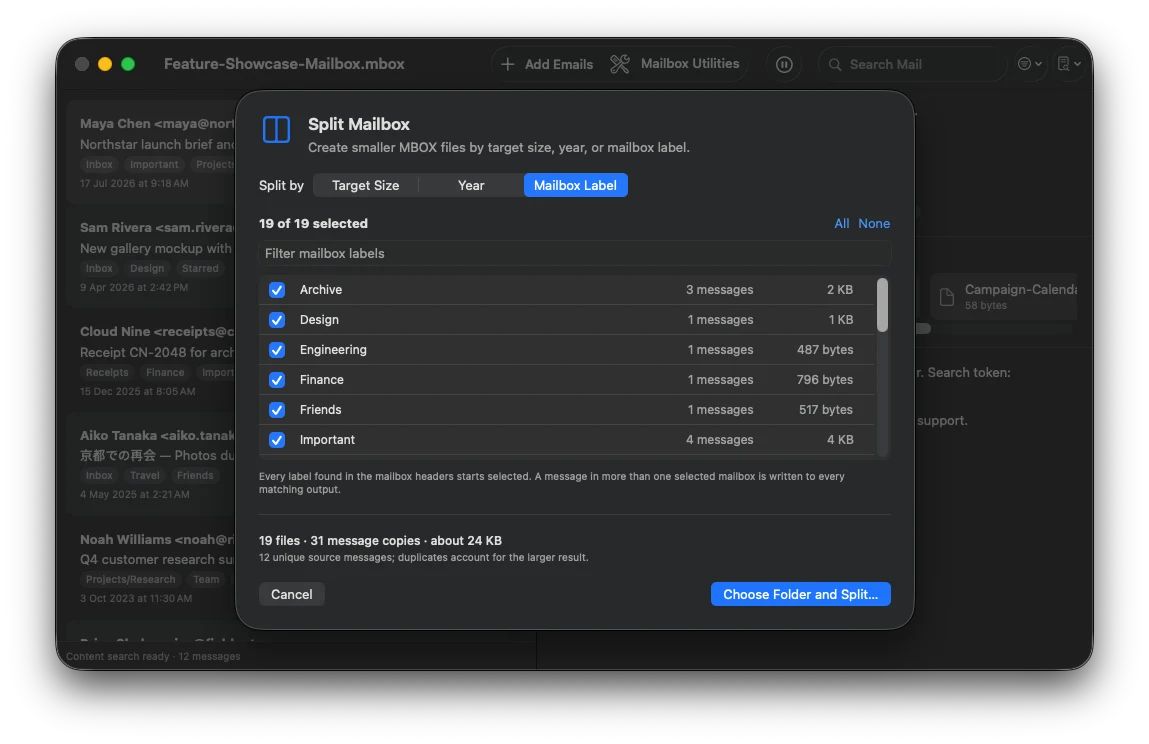 MBox Office Split Mailbox window listing mailbox labels and projected output sizes