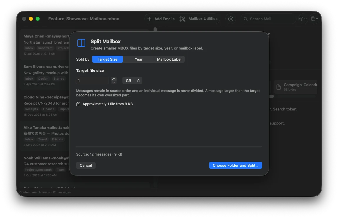 MBox Office Split Mailbox window configured to split an archive into one gigabyte files