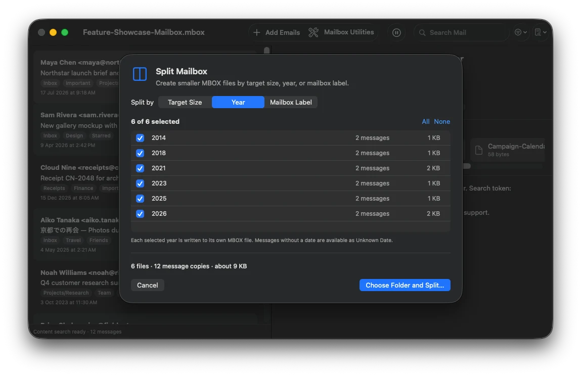 MBox Office Split Mailbox window with six message years selected