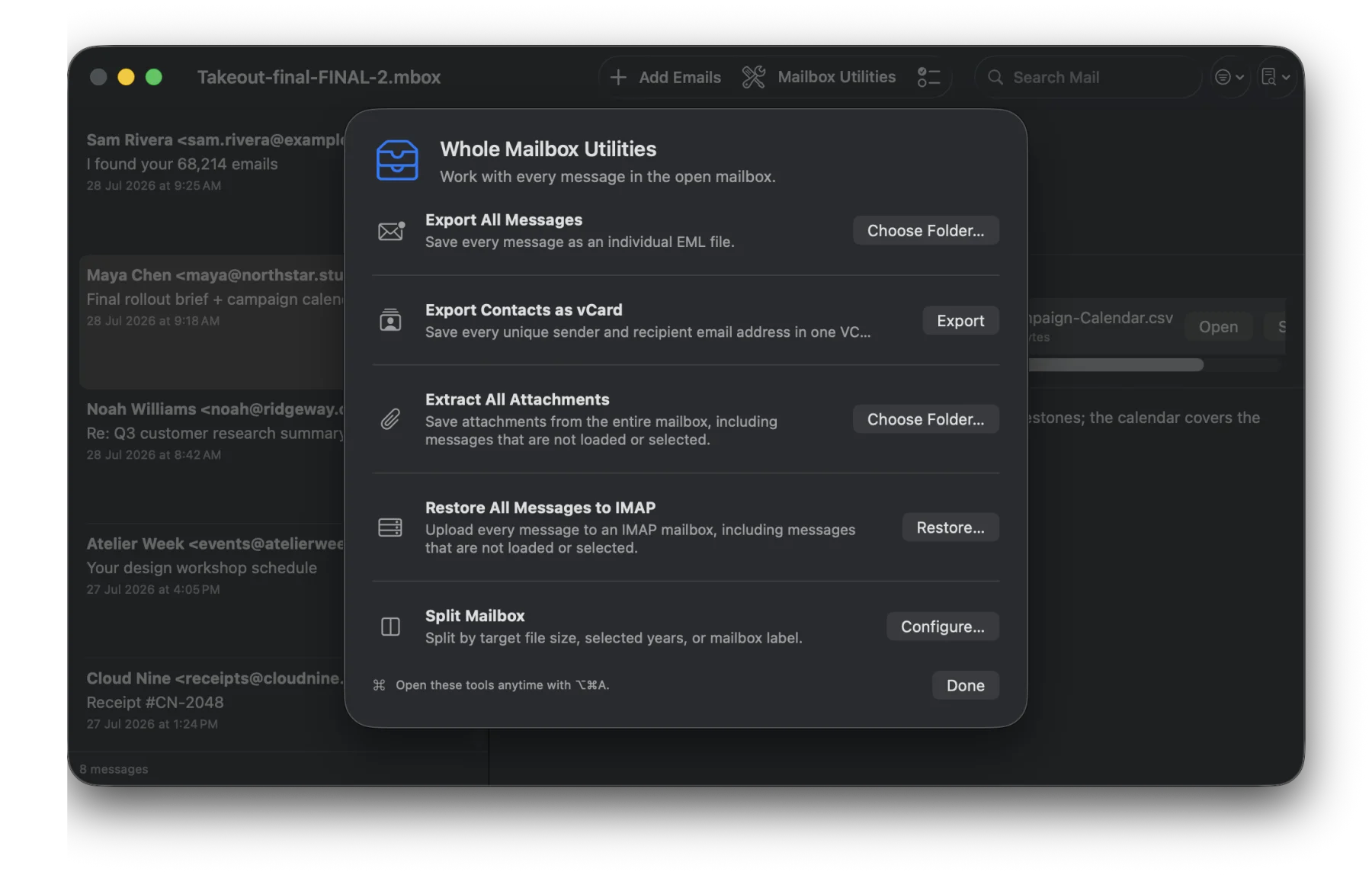 MBox Office Mailbox Utilities showing complete-mailbox export, attachments, contacts, split, and restore features