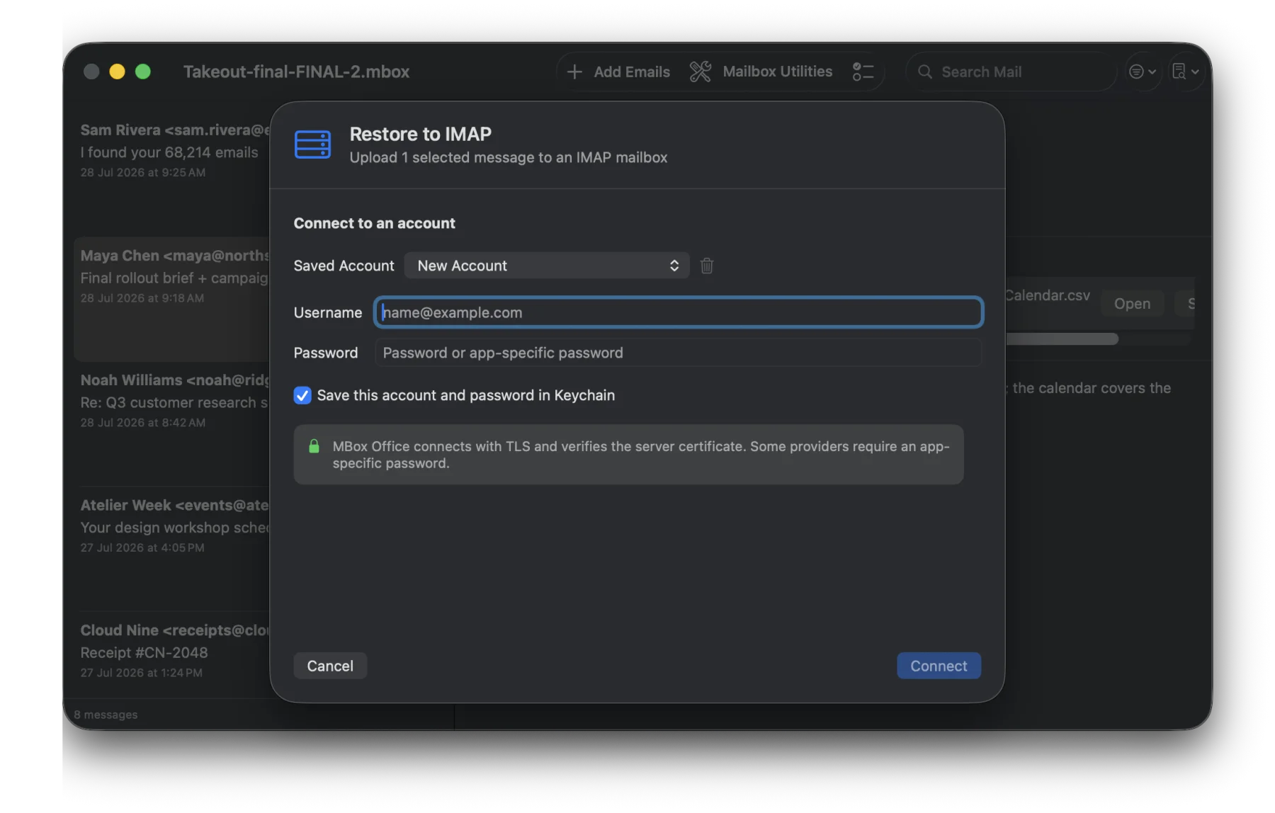MBox Office Restore to IMAP window requesting account details over a verified TLS connection