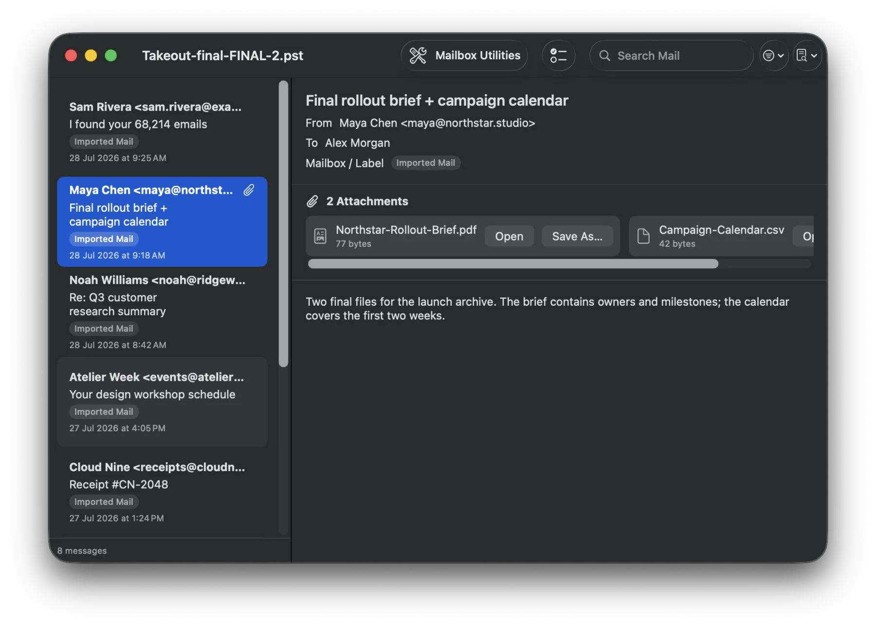PST Office showing attachments preserved in an archived Outlook message