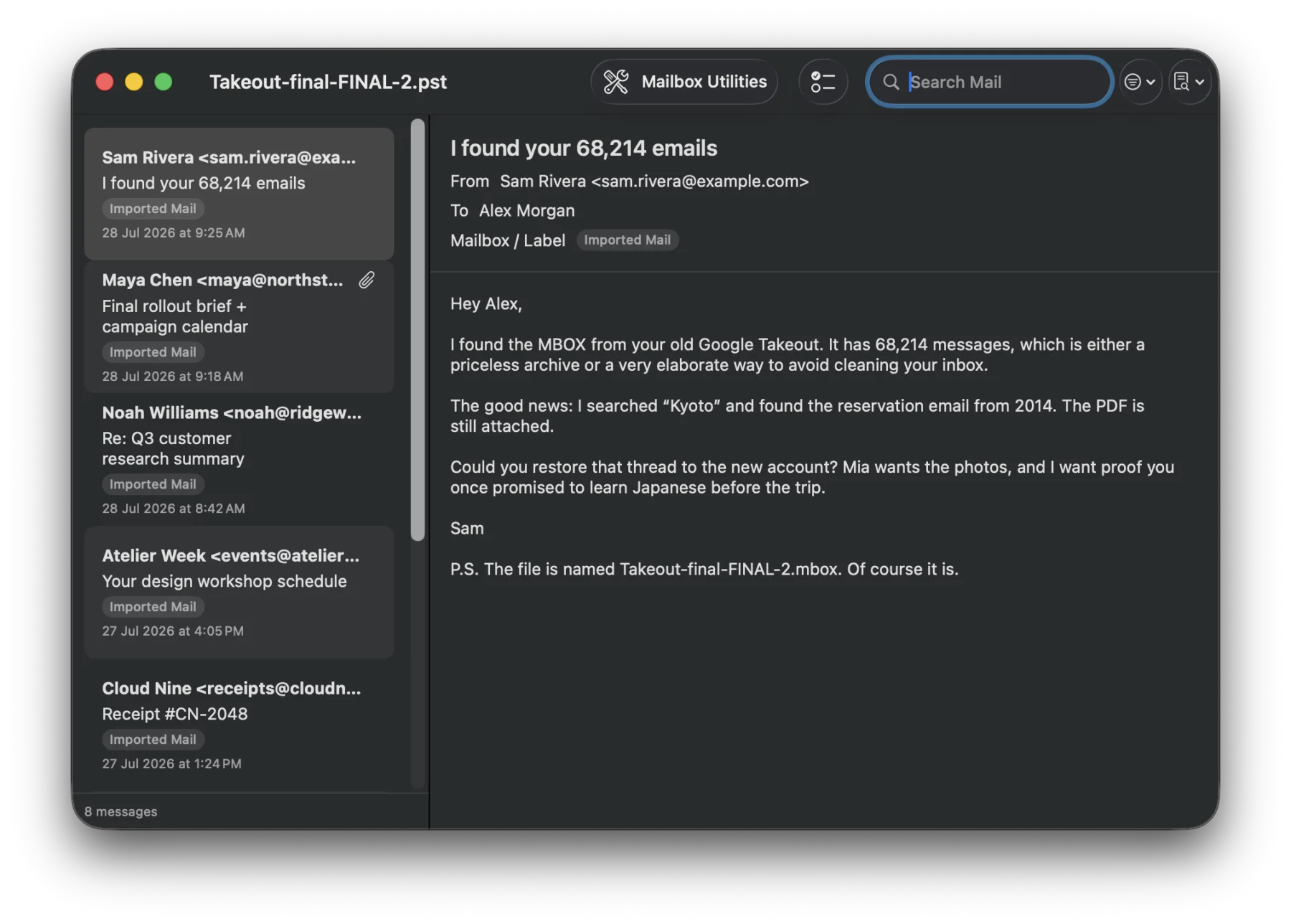 PST Office browsing messages and their original imported mailbox labels
