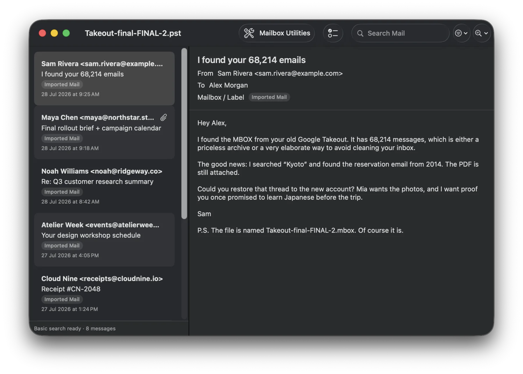 PST Office displaying messages from an Outlook PST archive in a native Mac window