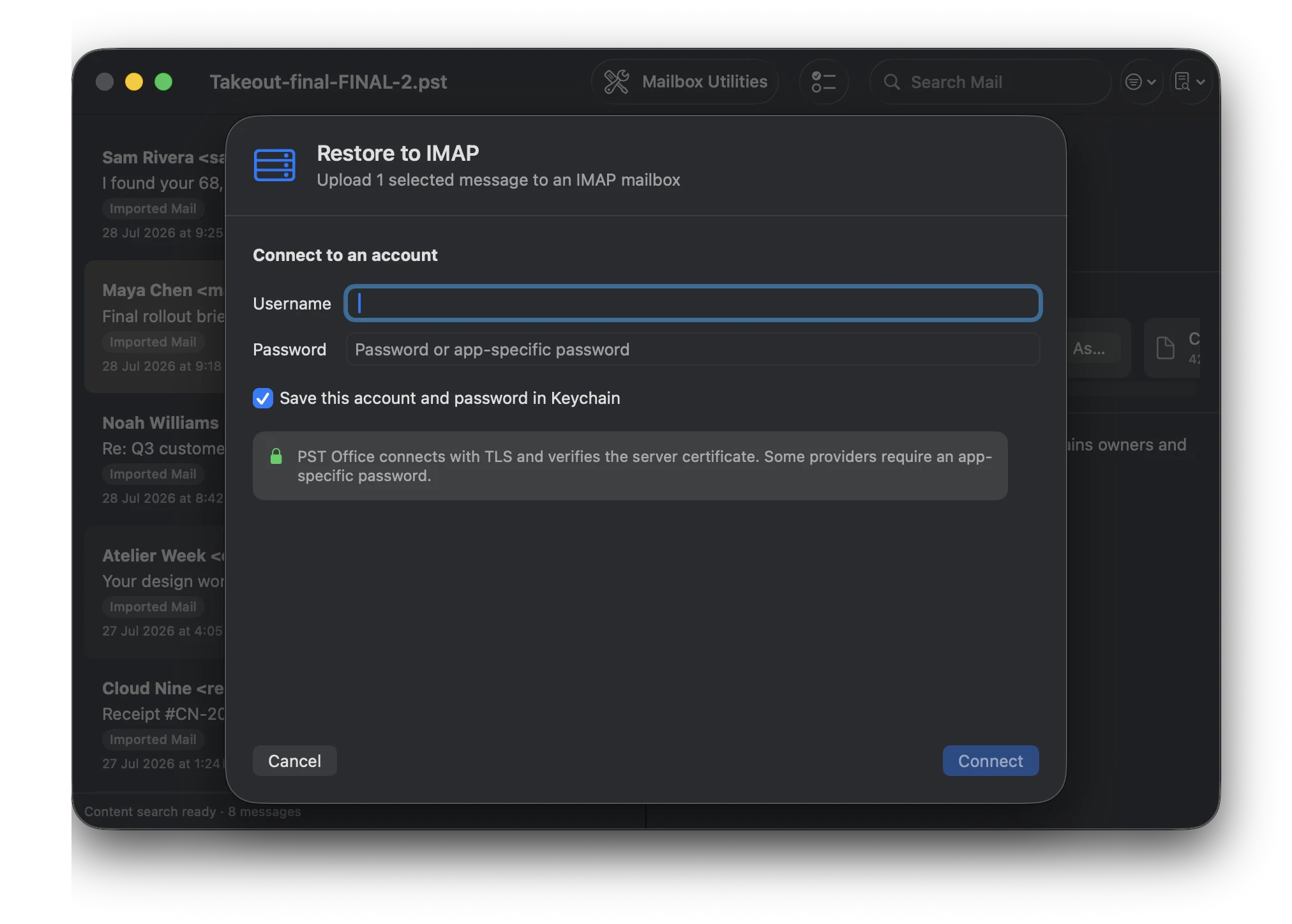 PST Office Restore to IMAP window requesting account details over a verified TLS connection
