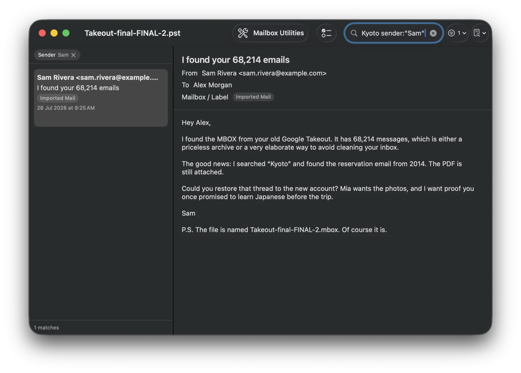PST Office search finding one message by keyword and sender