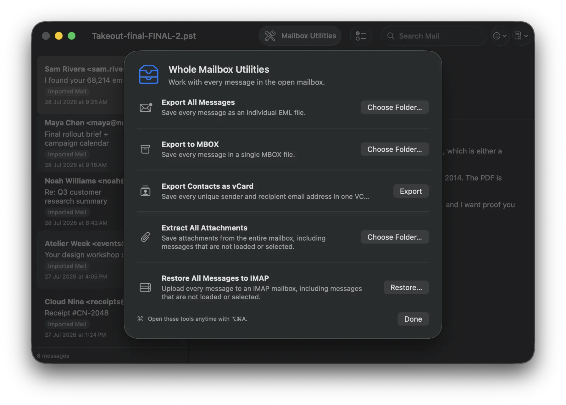 PST Office utilities for EML and MBOX export, contacts, attachments, and IMAP restore